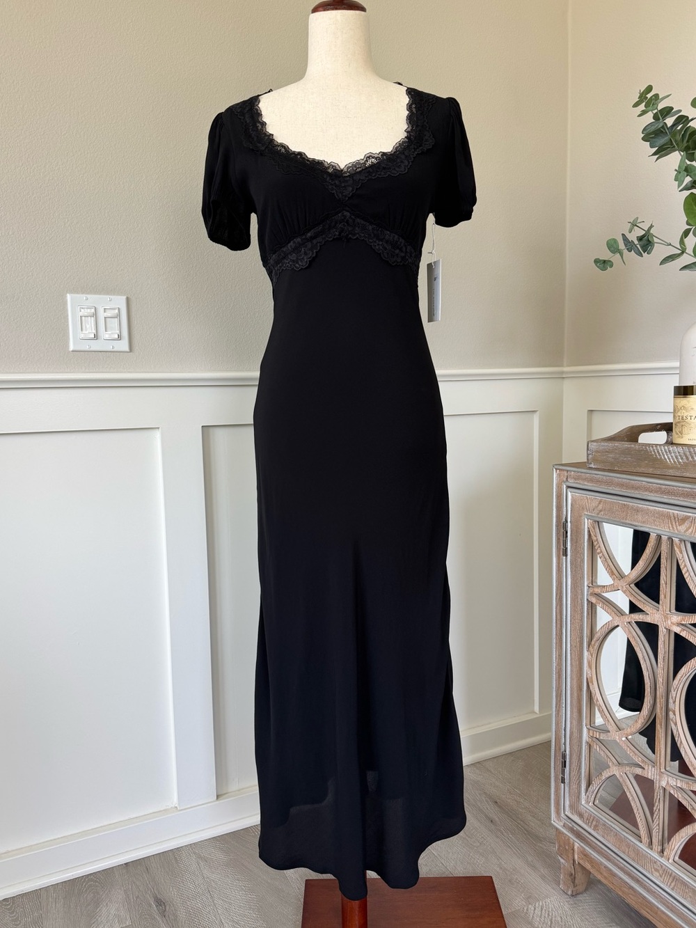 The Workshop Babydoll Dark Romantic Goth Maxi Dress Lace Trim Black Size Small